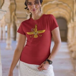 Red t-shirt with a gold Faravahar emblem